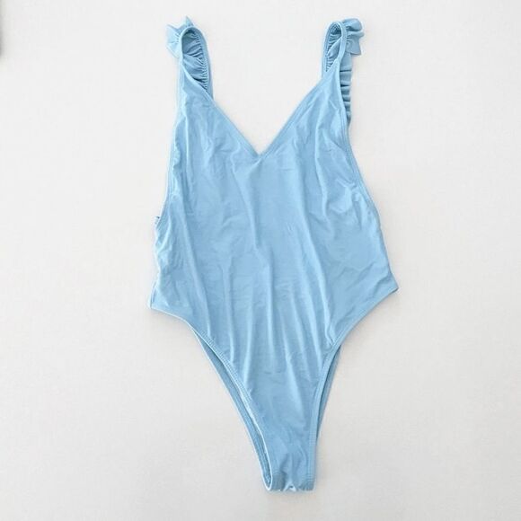 Womens SheIn One Piece Bathing Suit Monokini Ruffle Deep Plunge Small Light Blue - Picture 1 of 9